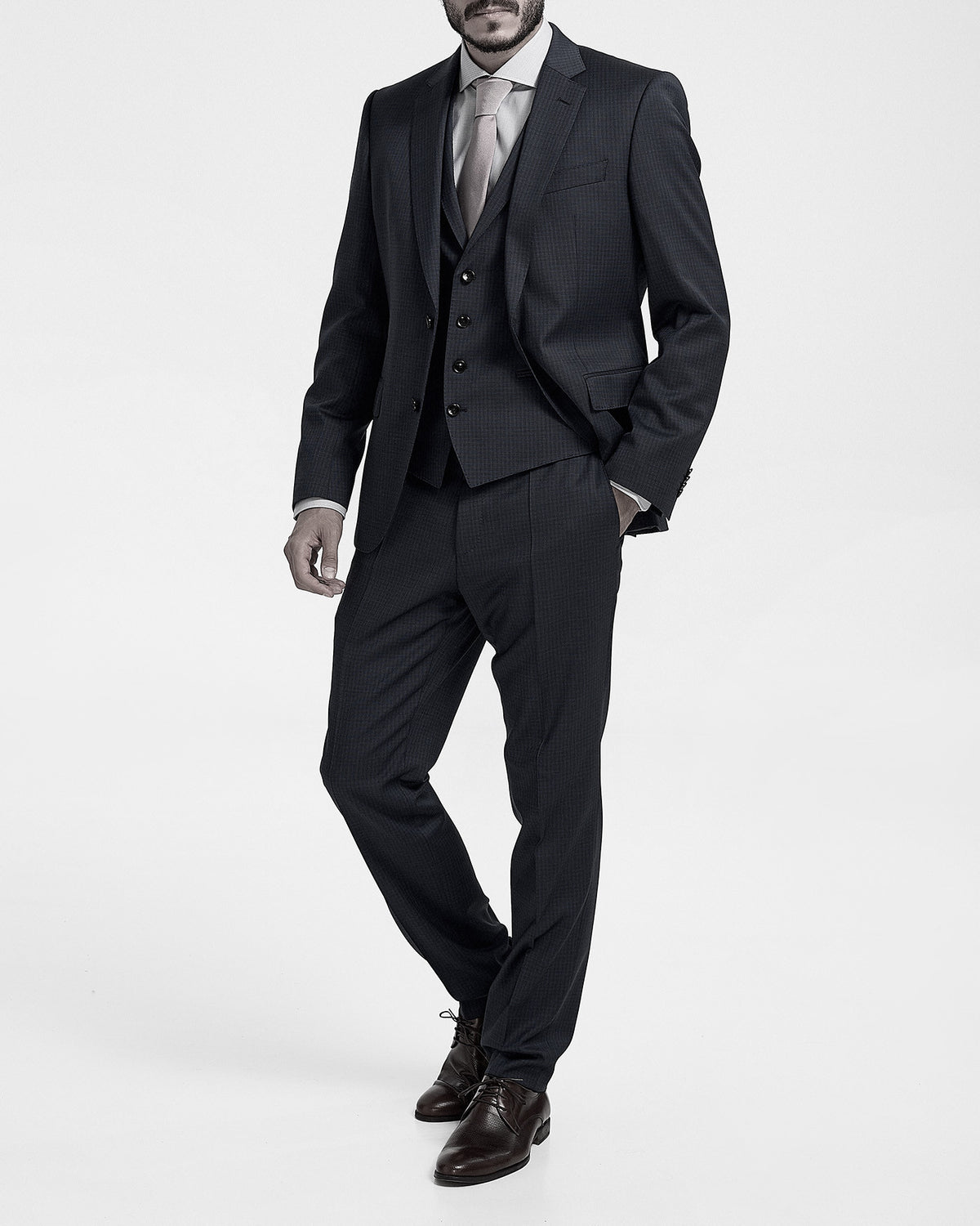 BOSS Three-Piece Slim-Fit Suit in Patterned Stretch Wool-Black 50479632-001
