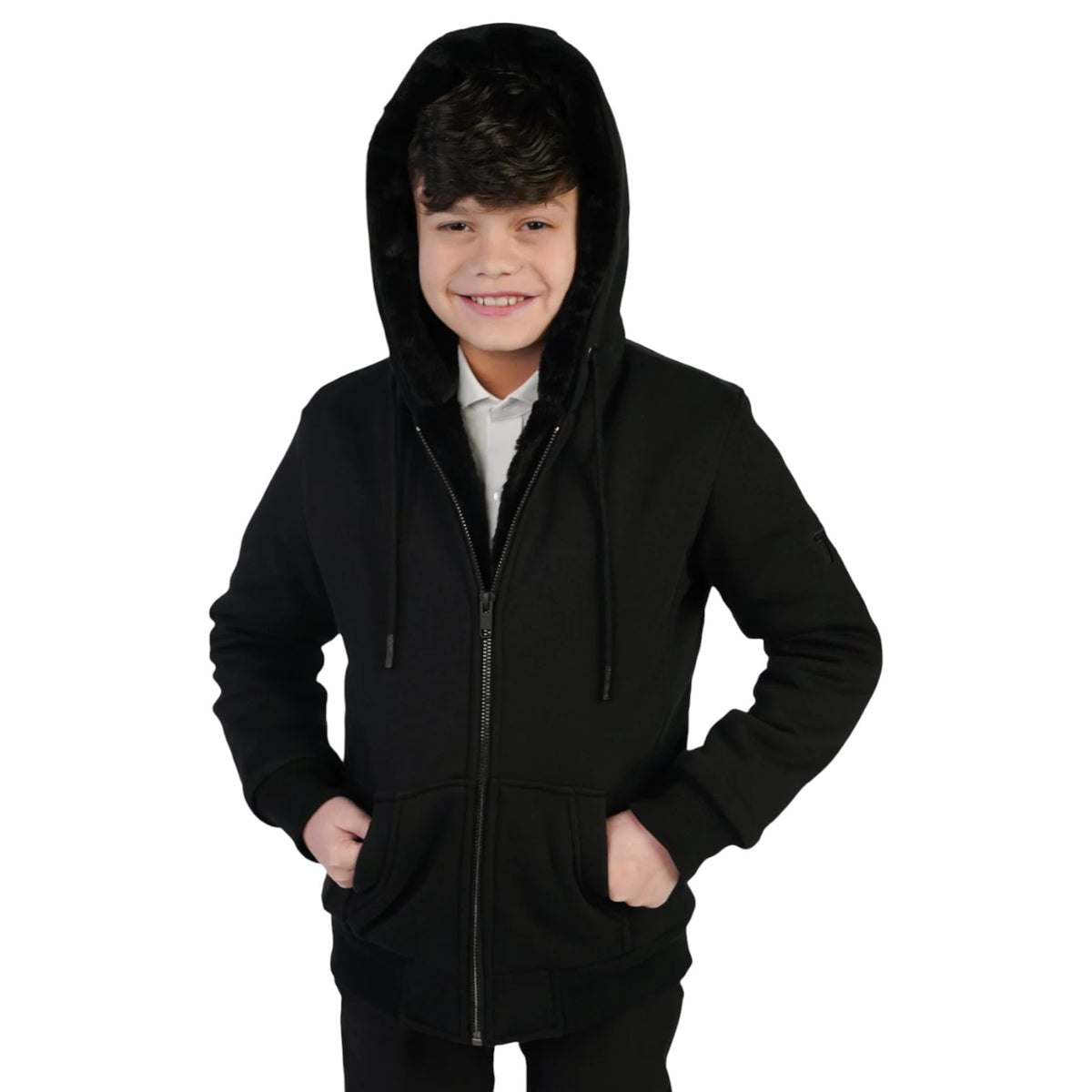 T.O Boy's Black Hoodie - Black Removable Fur HD-1B/W