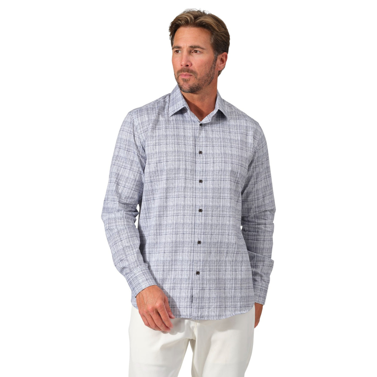 Garnet Mens Brushstroke Print Stretch Cotton Shirt In Navy 2521009CS-4