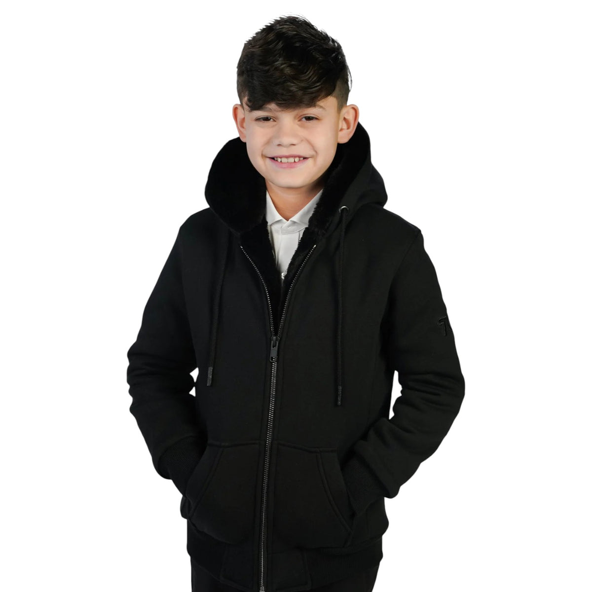 T.O Boy's Black Hoodie - Black Removable Fur HD-1B/W