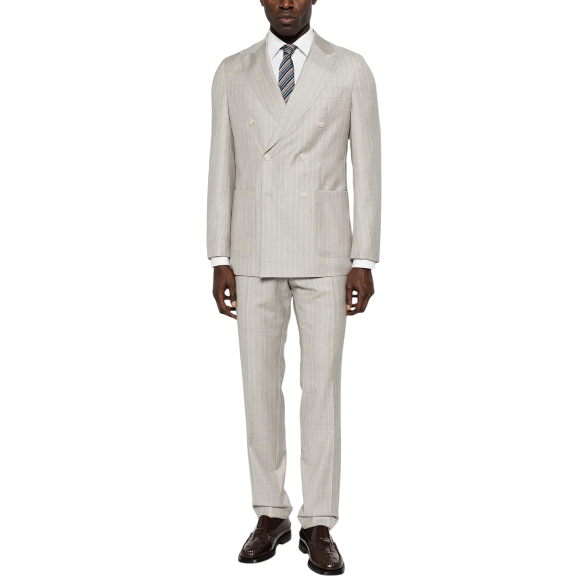 BOSS Open White Pinstripe Double-Breasted Suit – Slim Fit Virgin Wool
