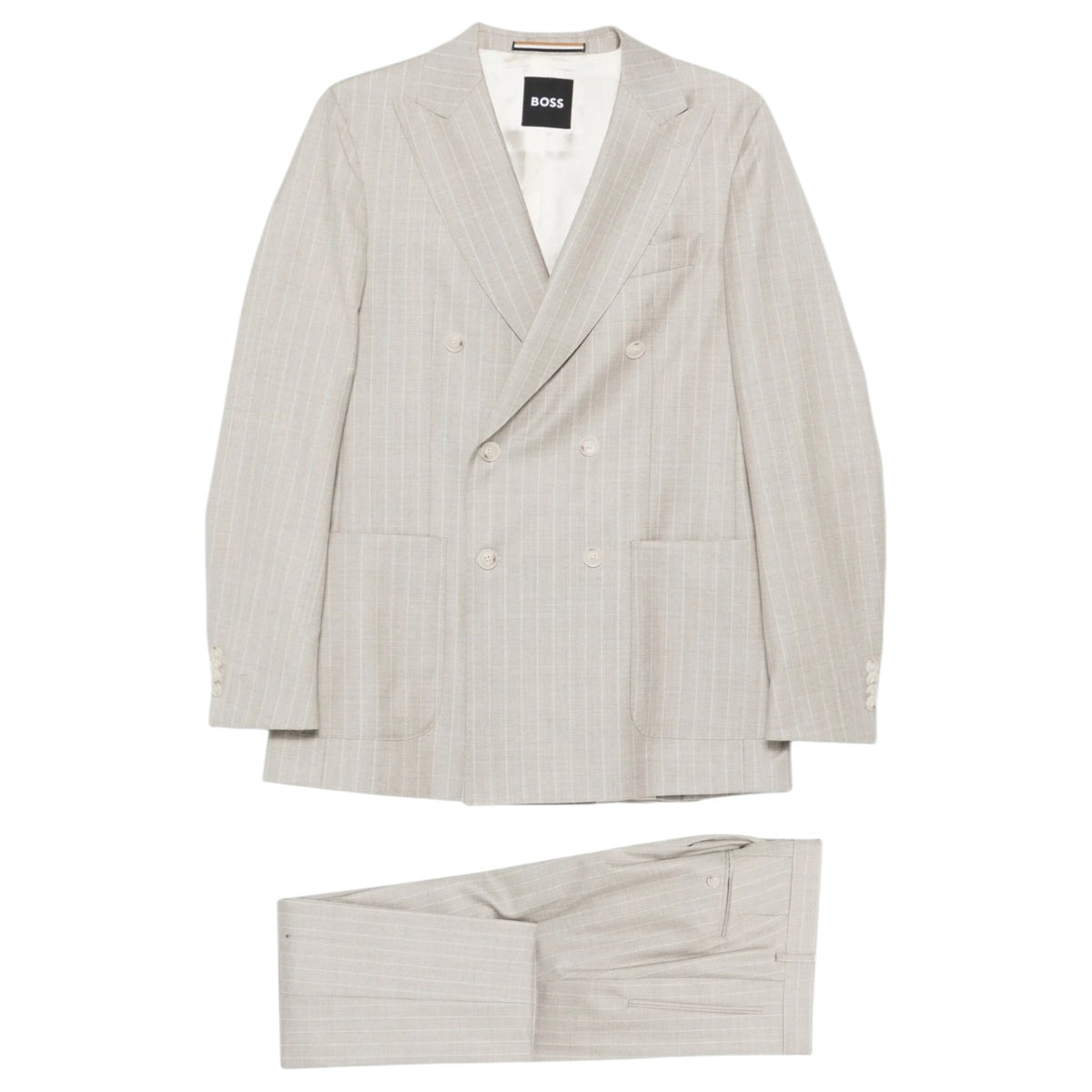 BOSS Open White Pinstripe Double-Breasted Suit – Slim Fit Virgin Wool