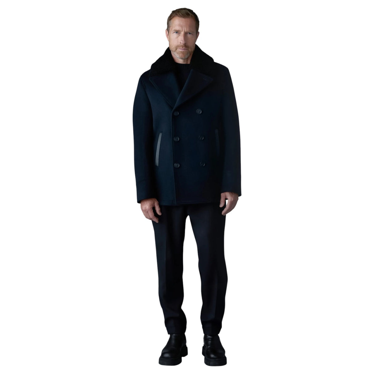 Mackage COLE Wool Double-Breasted Jacket With Shearling Collar