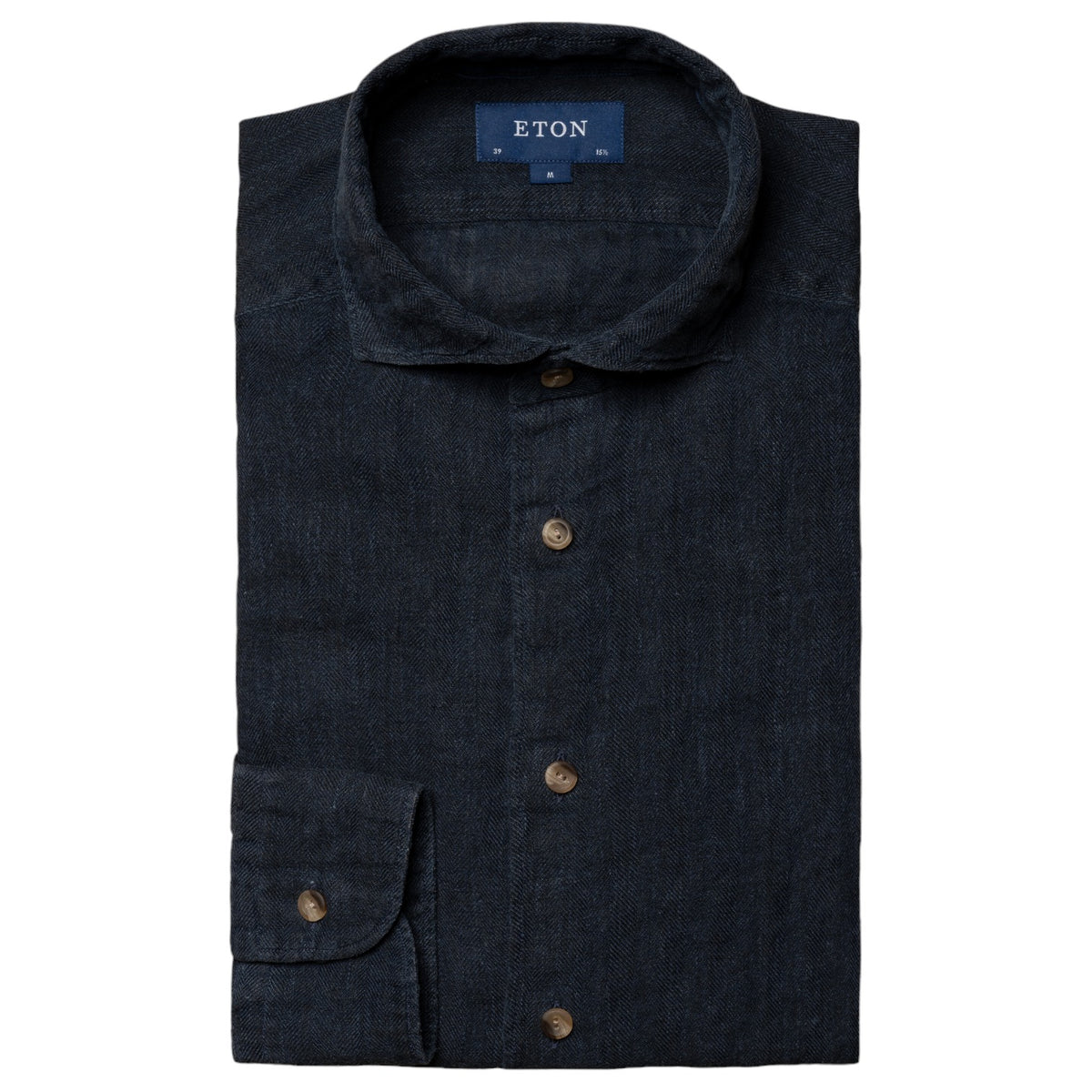 Eton Navy Blue Herringbone Linen Long Sleeve Shirt 100010111 28