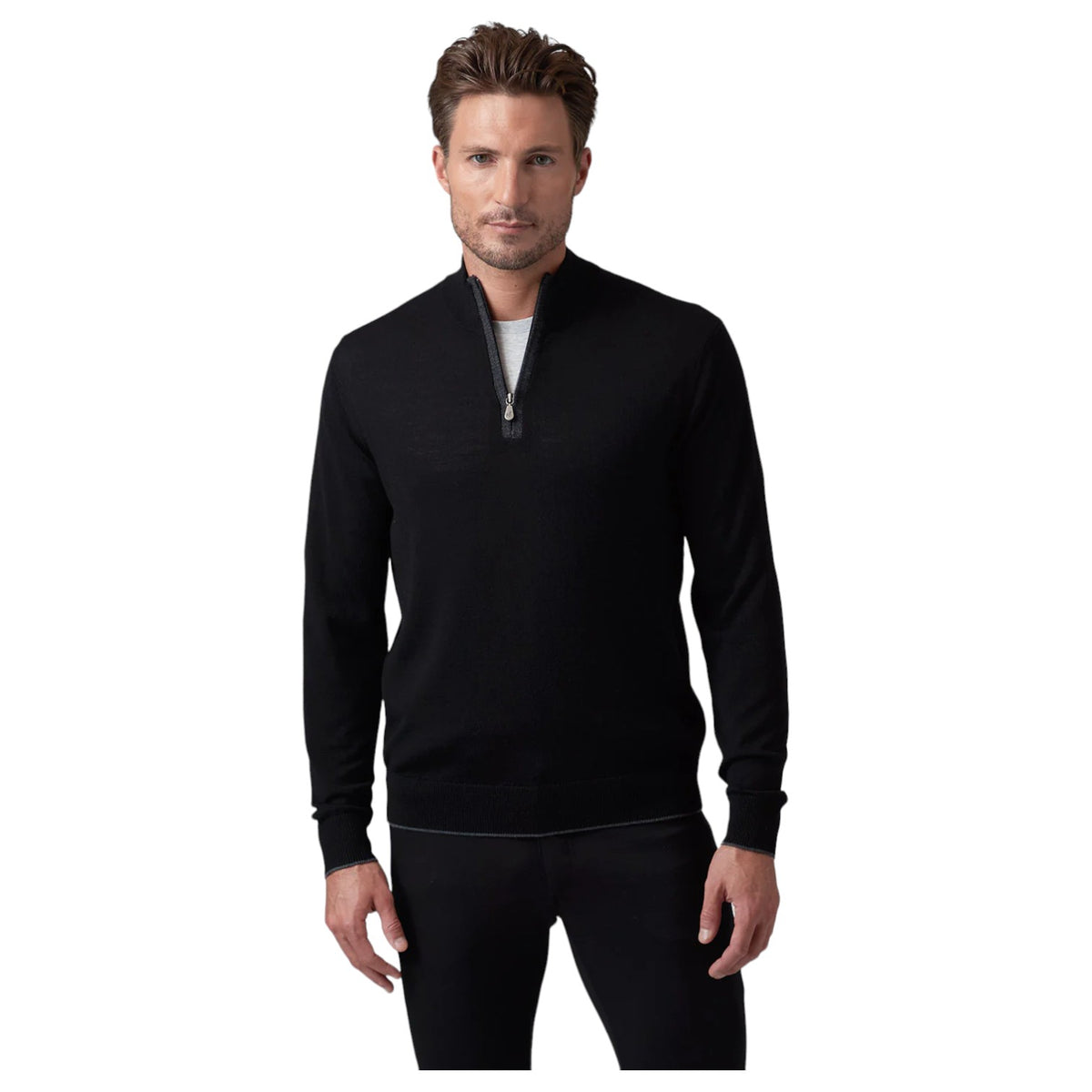 Raffi Mock Neck Quarter Zip Sweater in 100% Merino Wool HWC19398-Z Black