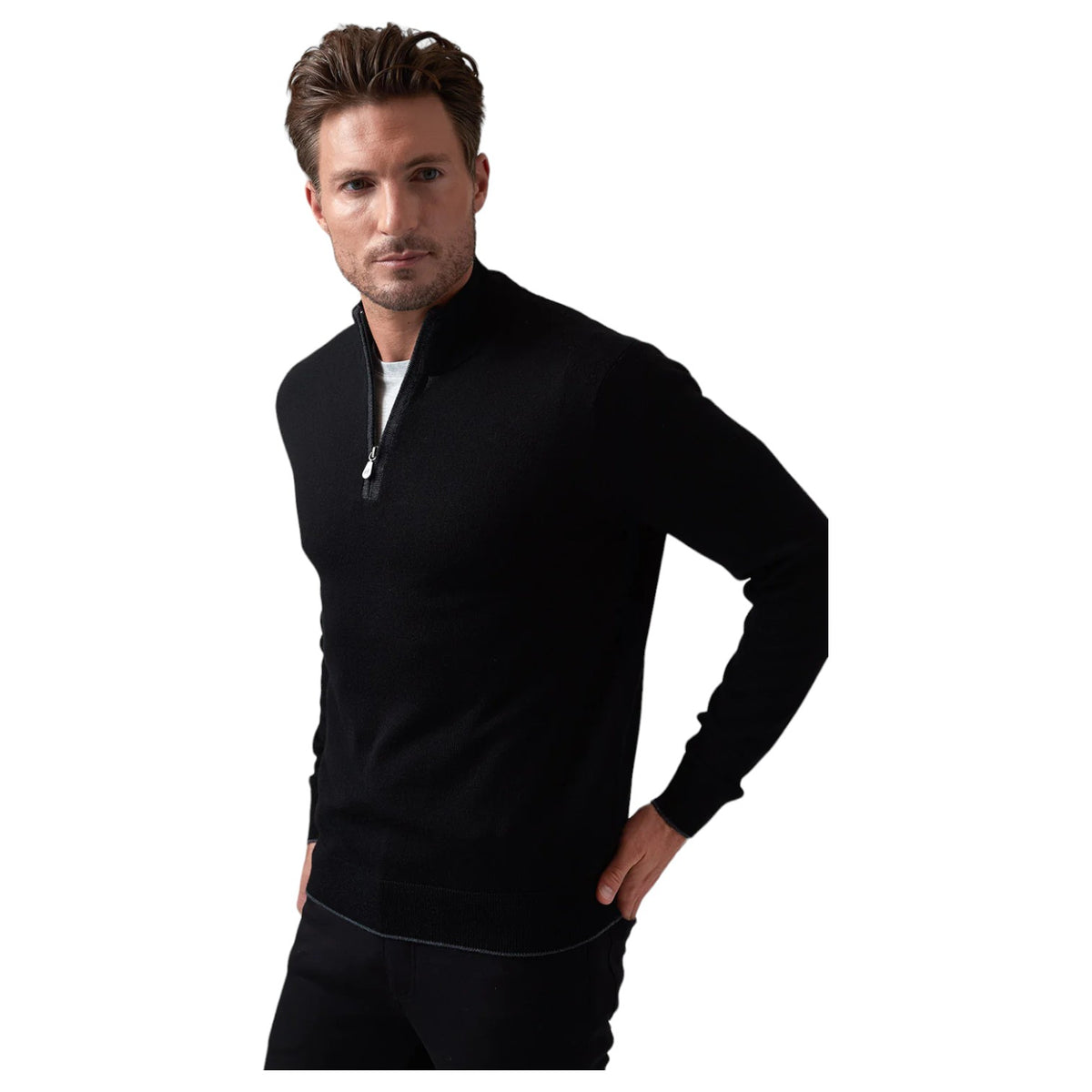 Raffi Mock Neck Quarter Zip Sweater in 100% Merino Wool HWC19398-Z Black