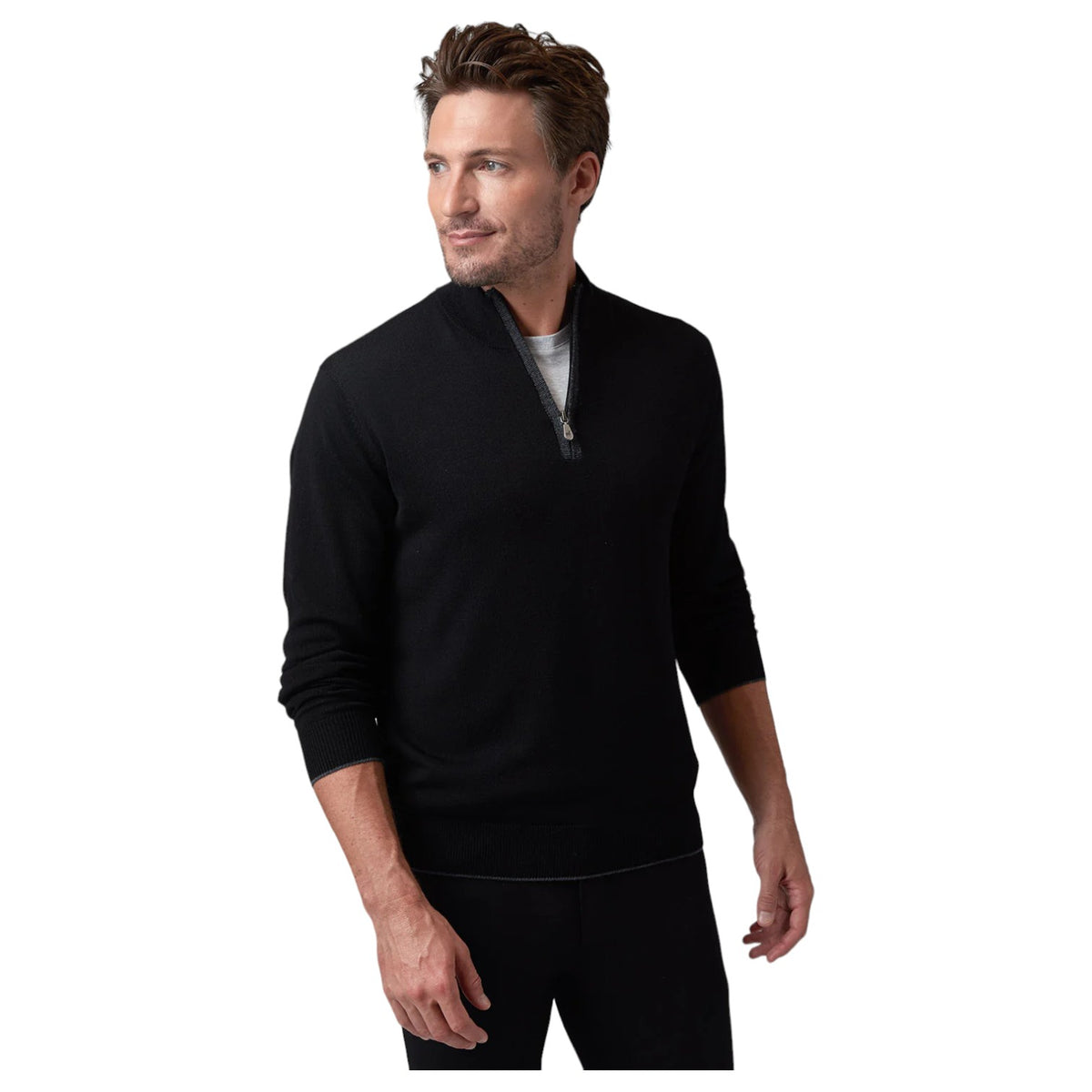 Raffi Mock Neck Quarter Zip Sweater in 100% Merino Wool HWC19398-Z Black