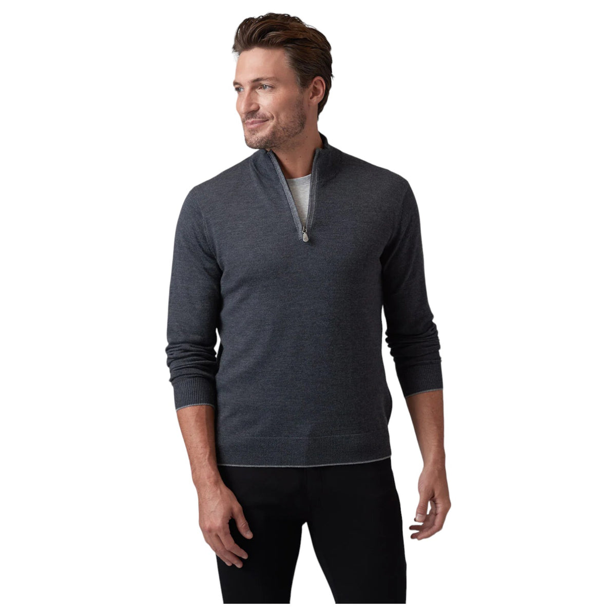 Raffi Mock Neck Quarter Zip Sweater in 100% Merino Wool HWC19398-Z Charcoal