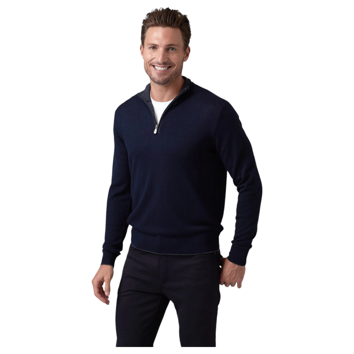 Raffi Mock Neck Quarter Zip Sweater in 100% Merino Wool HWC19398-Z Navy