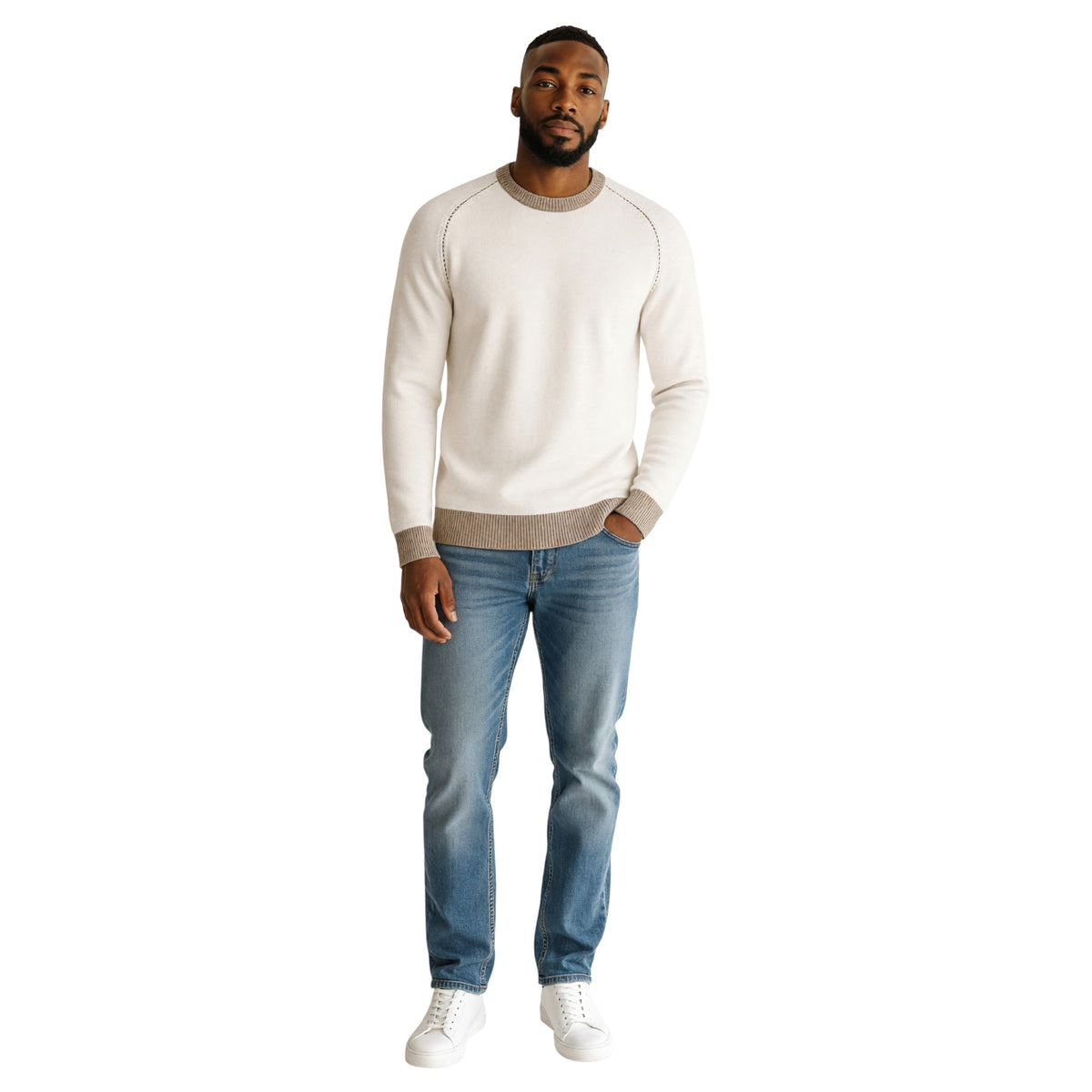 Ketroy Men’s Italian Wool Contrast Crewneck Sweater – Ecru