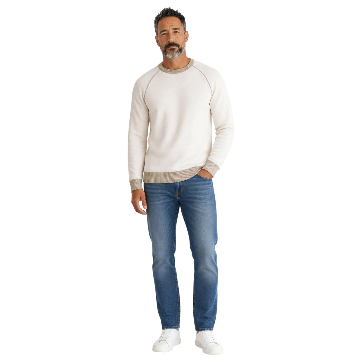 Ketroy Men’s Italian Wool Contrast Crewneck Sweater – Ecru