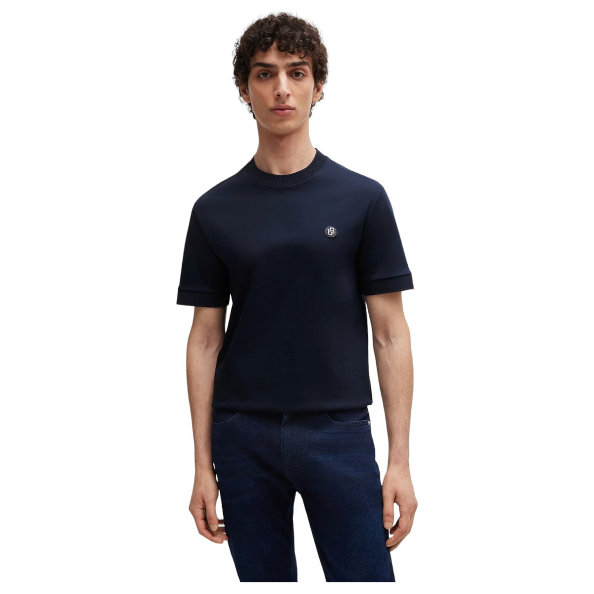 Boss Mercerized-Cotton T-Shirt With Double B Monogram In Navy 50520298 404 Navy