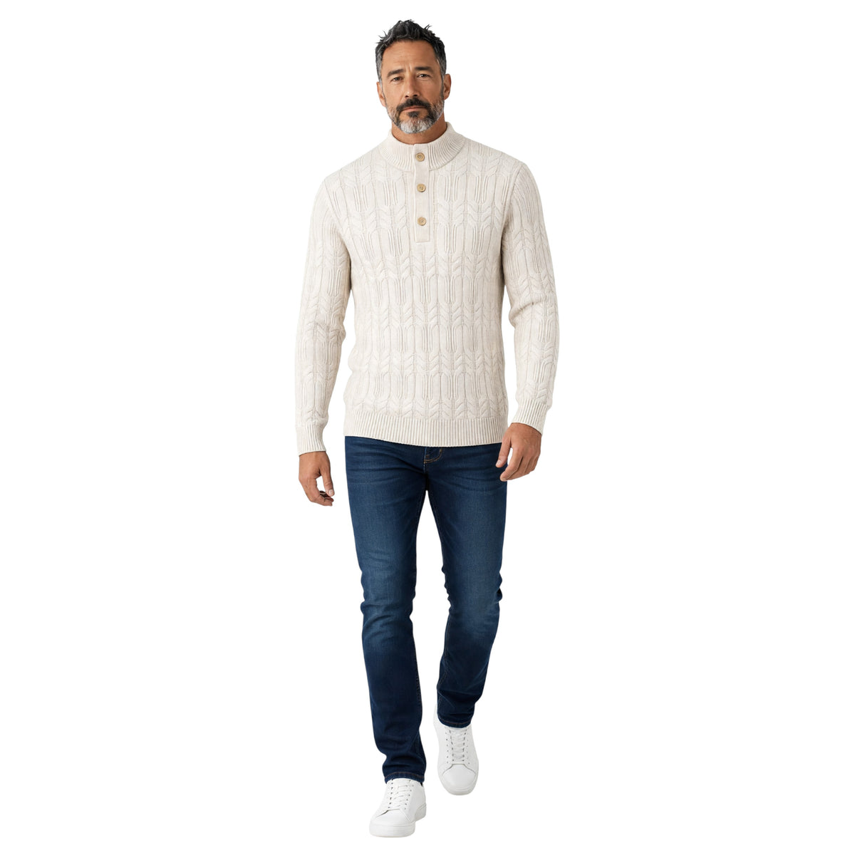 Raffi 100% Cashmere Cable-Knit Button Mock Neck Sweater Ivory