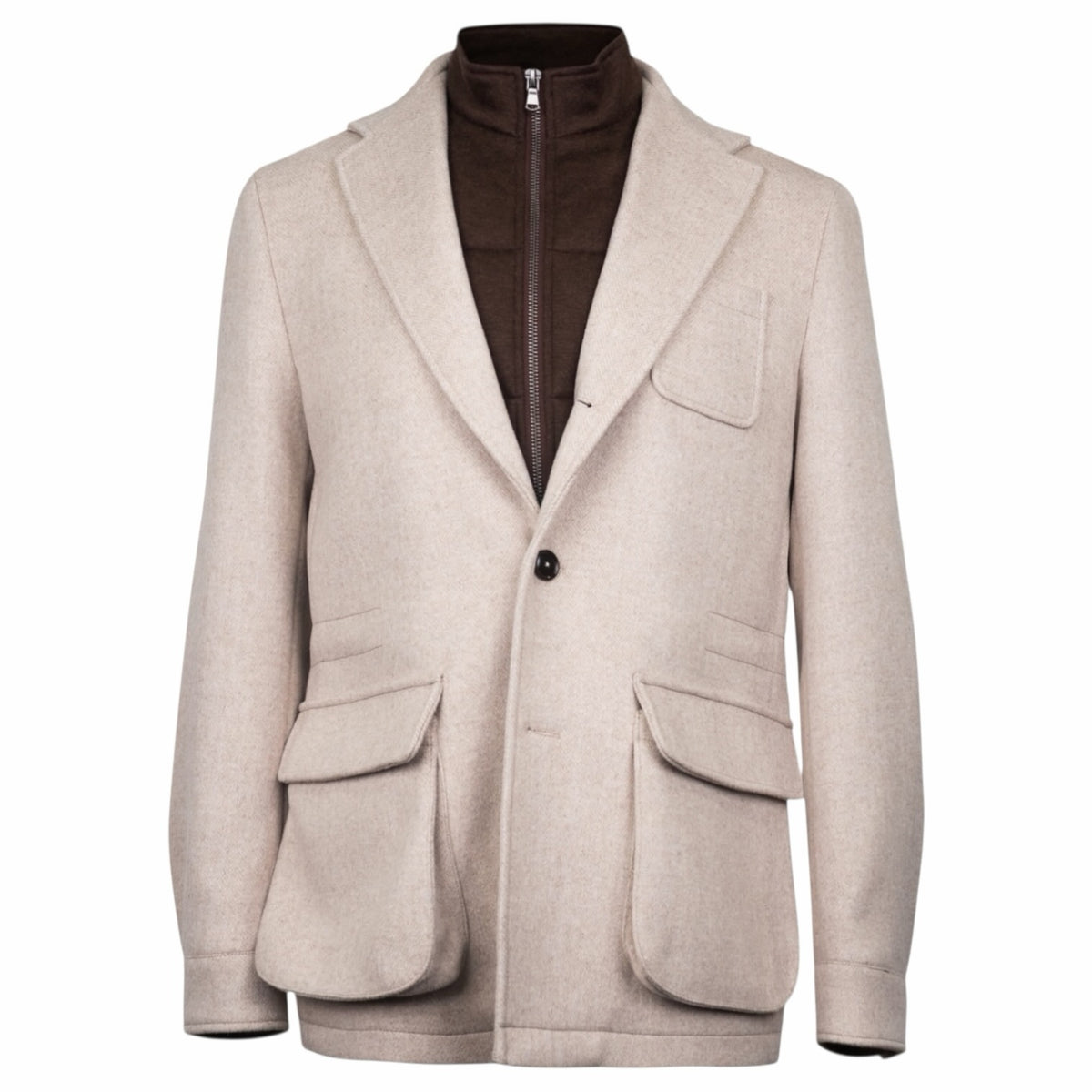 J&Z Couture oatmeal wool-blend sport coat with a dark brown zip-up insert, notch lapels, and large patch pockets.