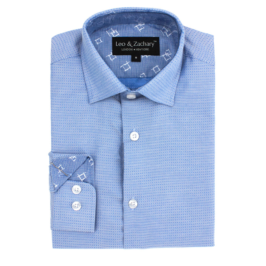 Boys' Slim-Fit Long Sleeve Contrast Collar Dress Shirt in Blue Diamond Dot