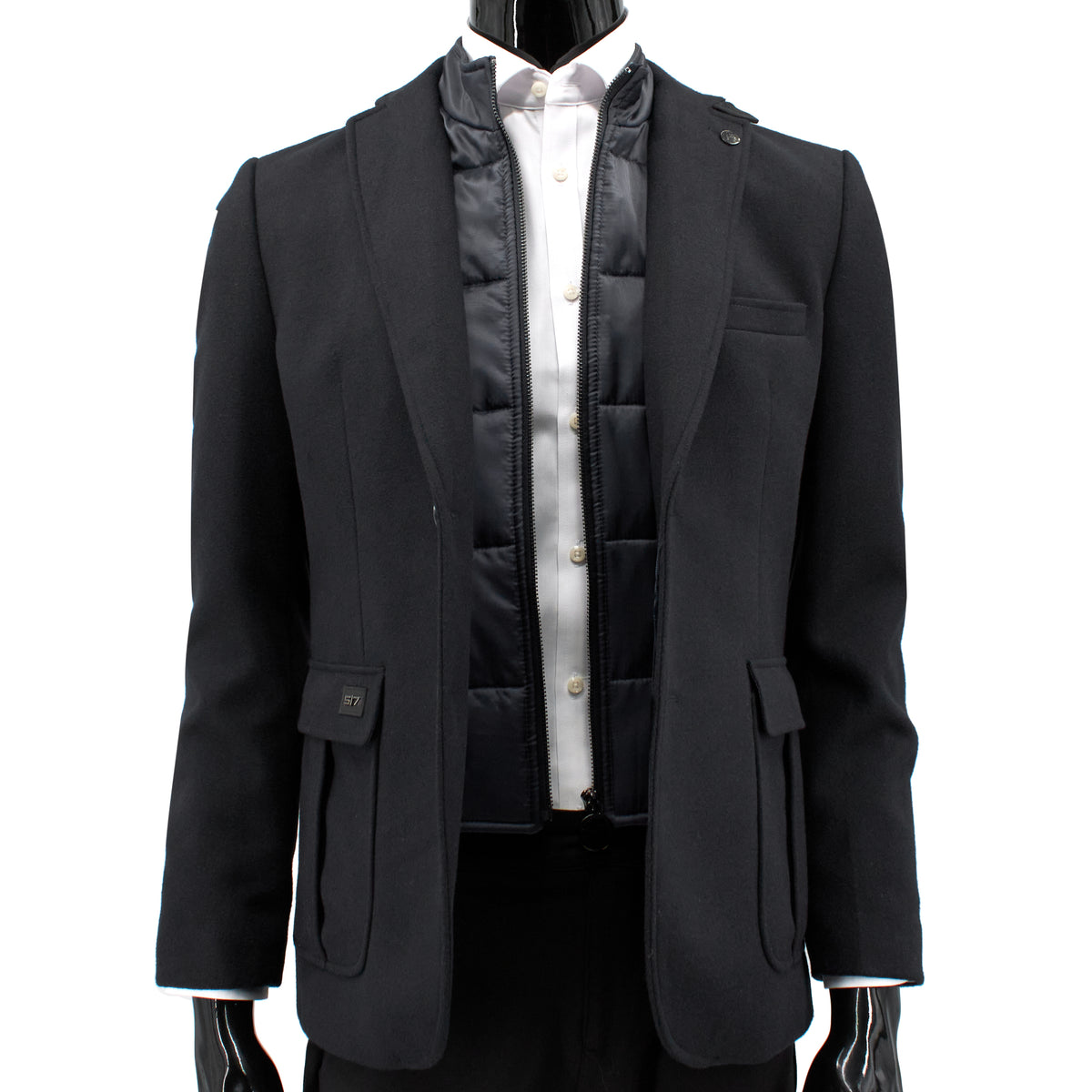 John Peter London Men's Wool Blazer with Quilted Zip-Up Lining in Black