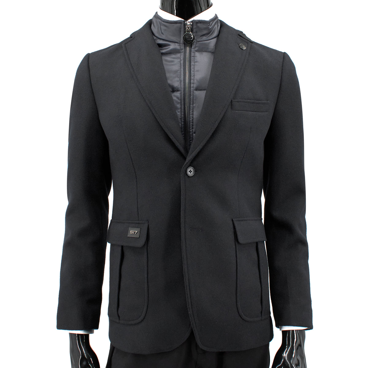 John Peter London Men's Wool Blazer with Quilted Zip-Up Lining in Black