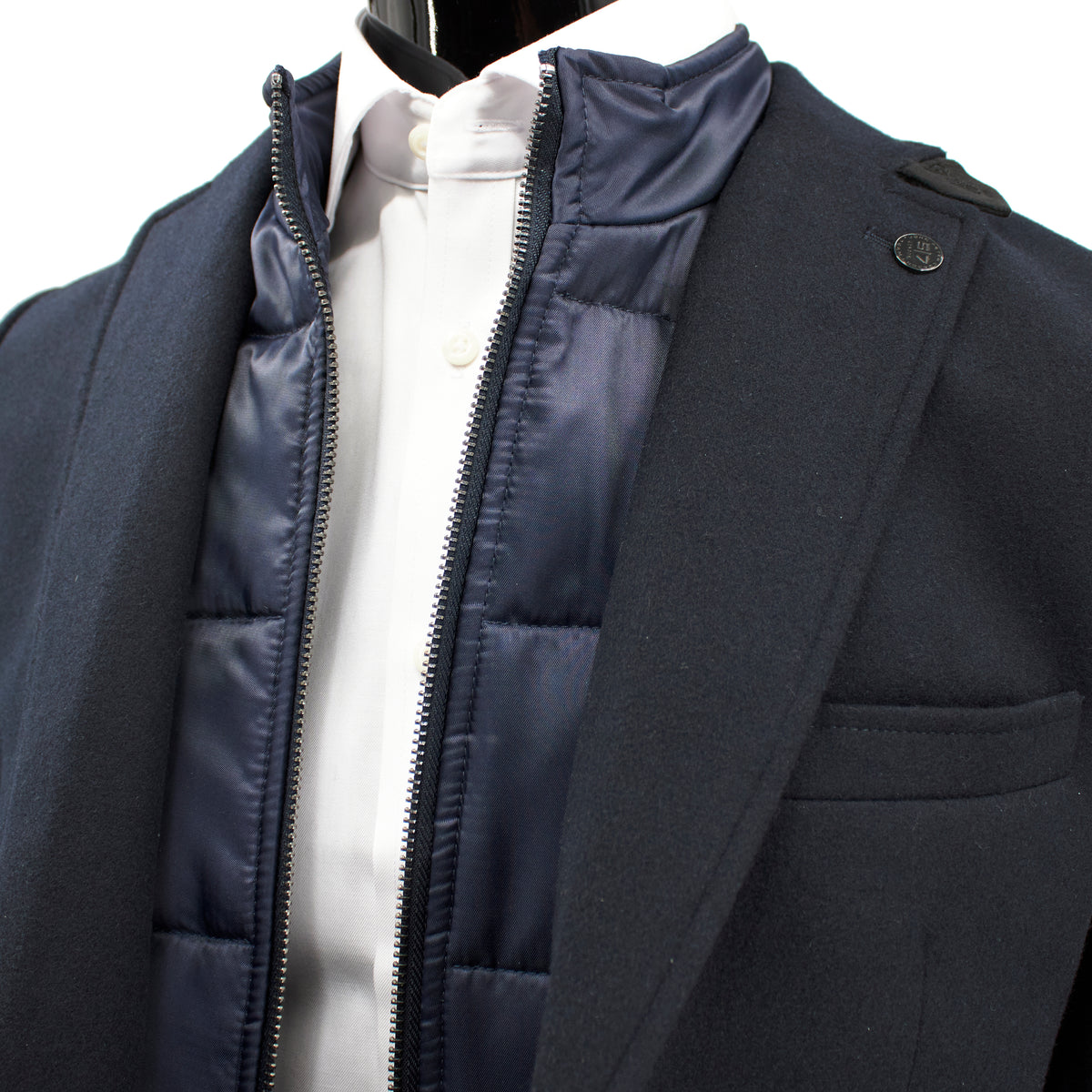 John Peter London Men's Wool Blazer with Quilted Zip-Up Lining in Navy