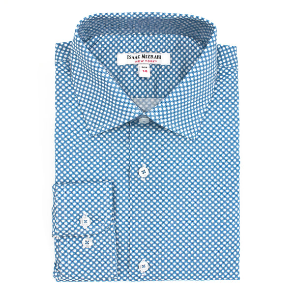 Boys' Cotton Long Sleeve Button-Down Dress Shirt in Blue and White Pattern