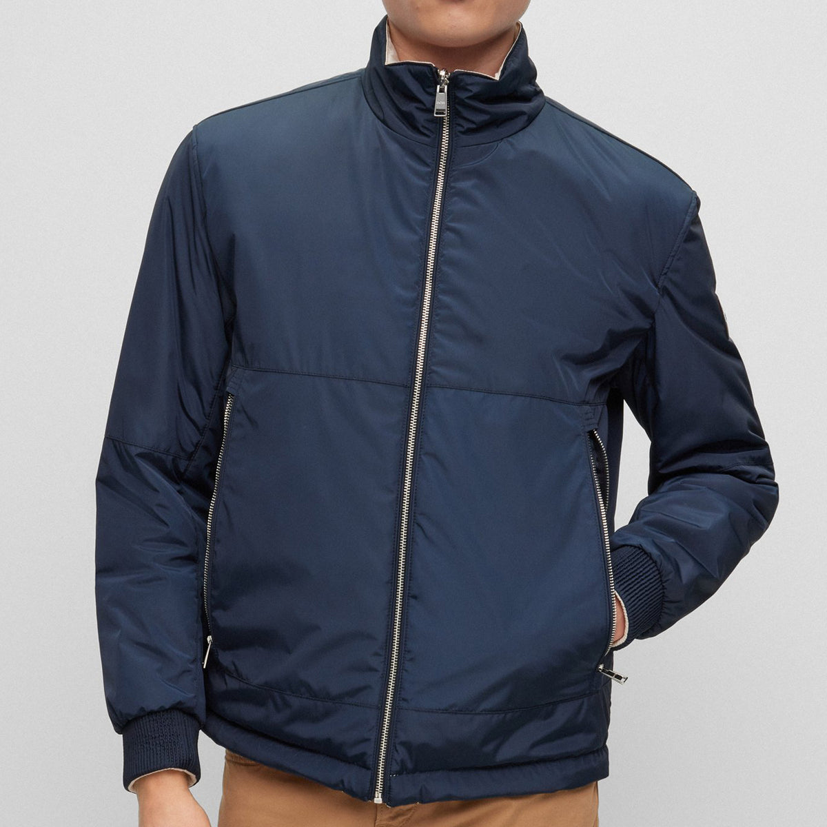 BOSS Men's Water-Repellent Reversible Jacket with Logo Badge in Dark Blue & White 50481127-012