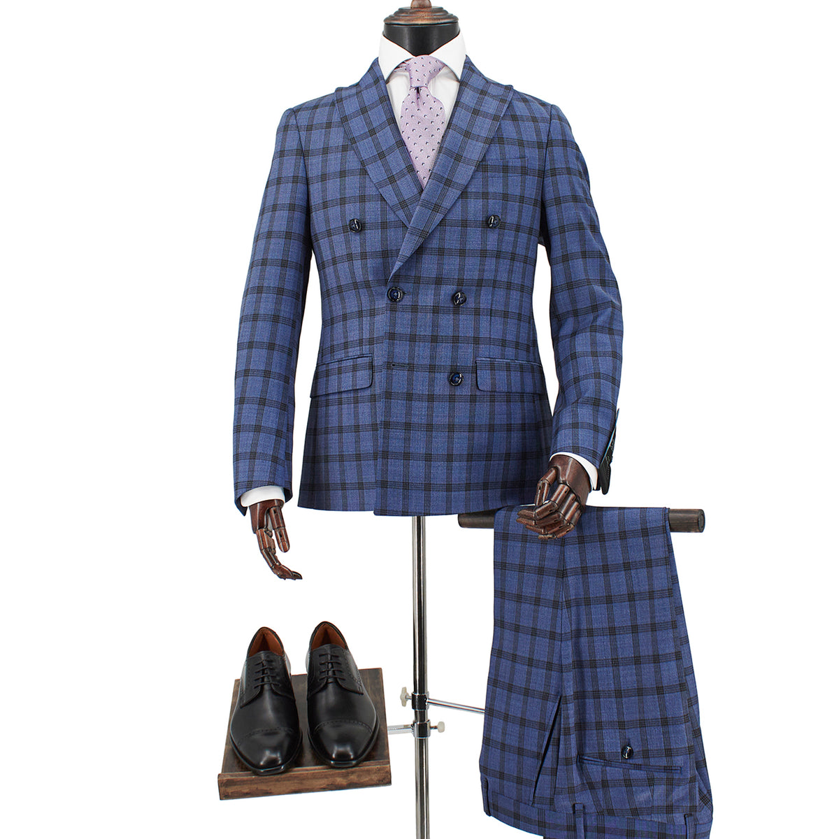 Fabio Paoloni Men's Double-Breasted Blue Windowpane Suit