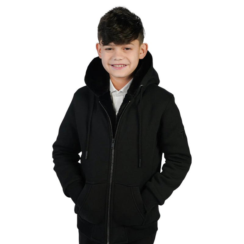 T.O Boy's Black Hoodie - Black Removable Fur HD-1B/W