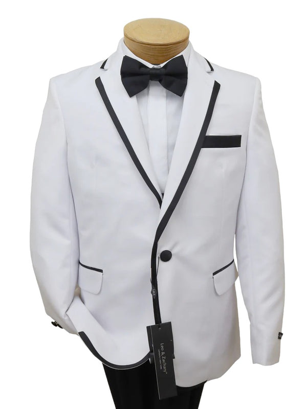 Leo & Zachary Boys' White Tuxedo with Black Pants and Black-Trim Notch Lapel  TUX MAG WHITE