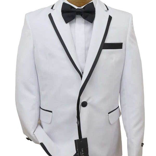 Leo & Zachary Boys' White Tuxedo with Black Pants and Black-Trim