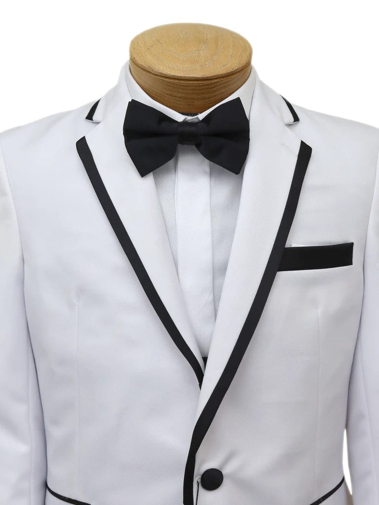 Leo & Zachary Boys' White Tuxedo with Black Pants and Black-Trim Notch Lapel  TUX MAG WHITE