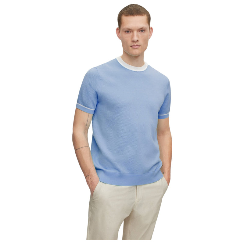 BOSS Grosso Sky Blue Structured Cotton Short Sleeve Sweater  S50486731-492
