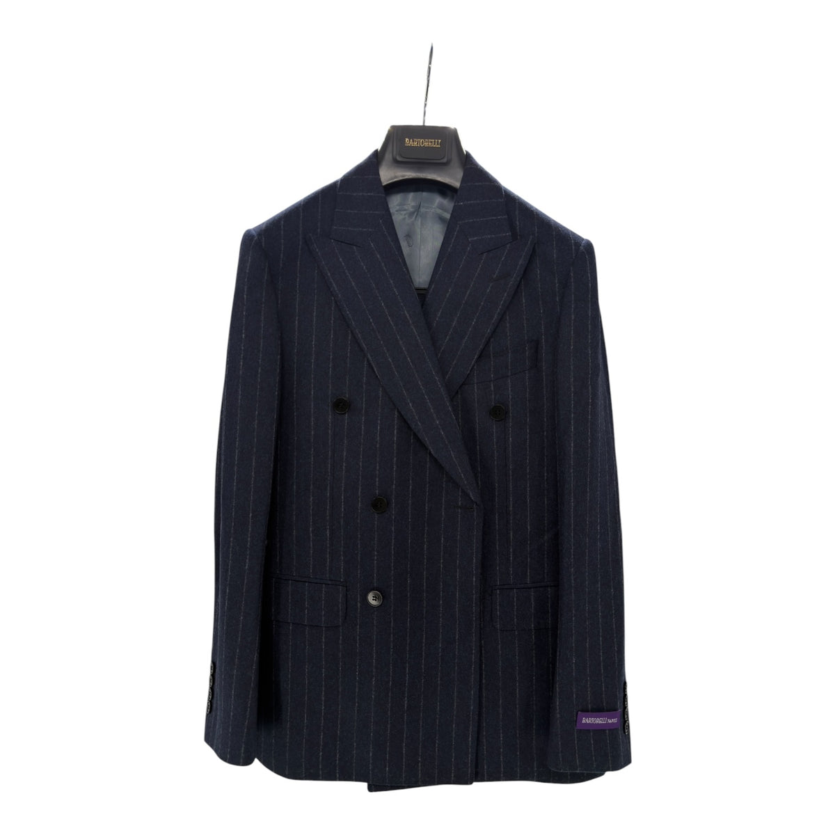 Original Bartorelli navy double-breasted pinstripe peak lapel suit style 404317-4