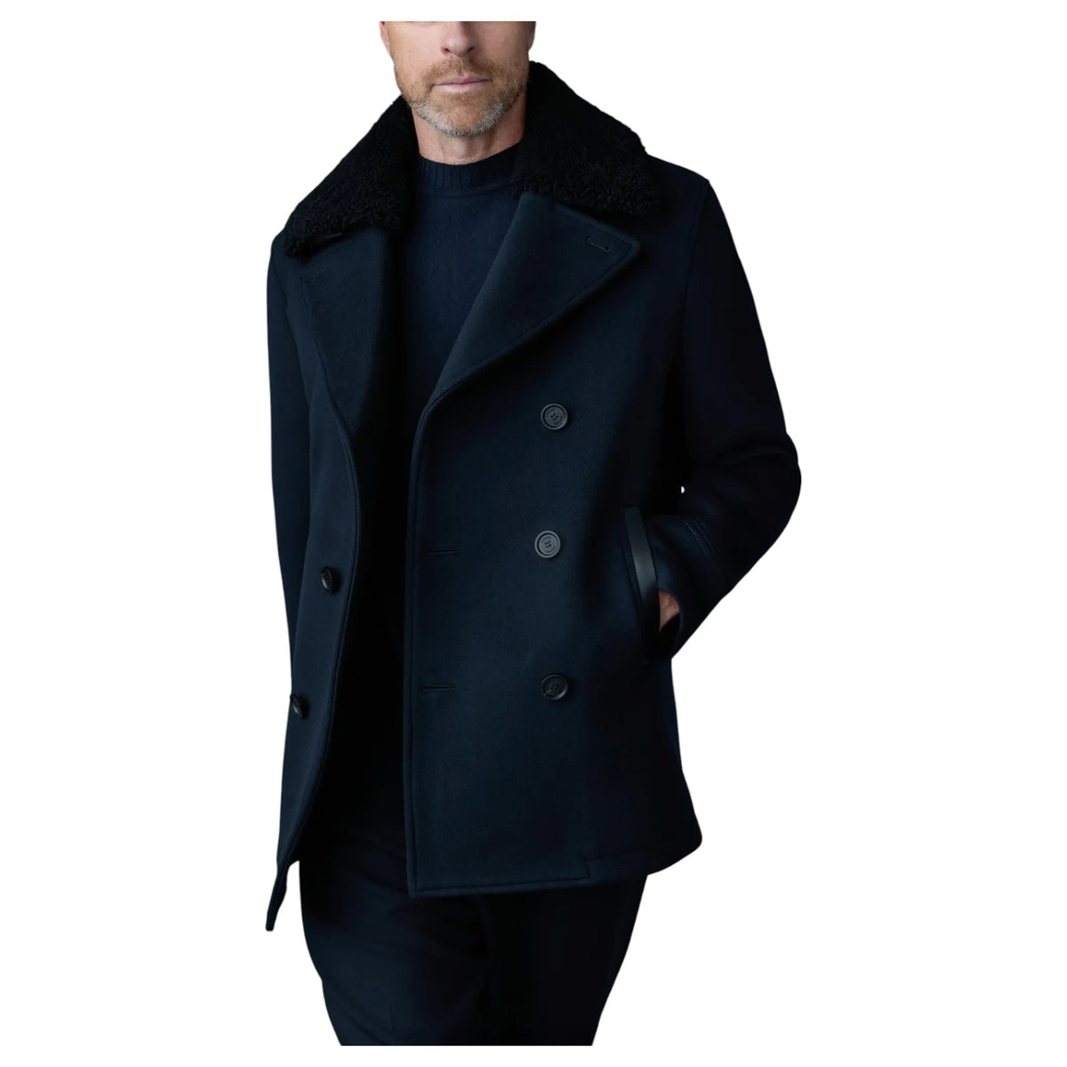 Mackage COLE Wool Double-Breasted Jacket With Shearling Collar