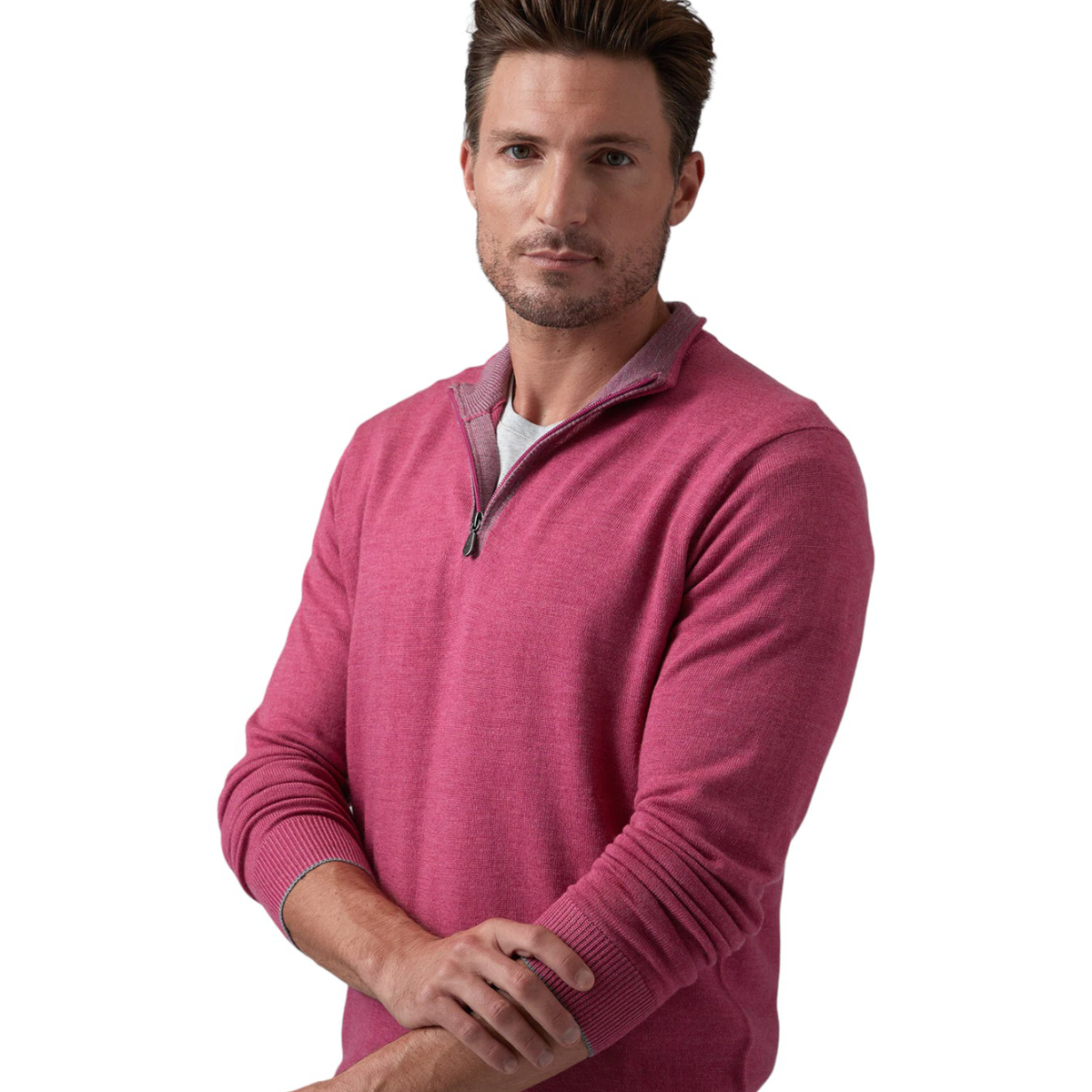 Raffi Mock Neck Quarter Zip Sweater in 100% Merino Wool   HWC19398-Z Rosewater