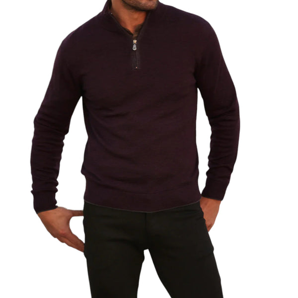 Raffi Mock Neck Quarter Zip Sweater in 100% Merino Wool   HWC19398-Z Wineberry