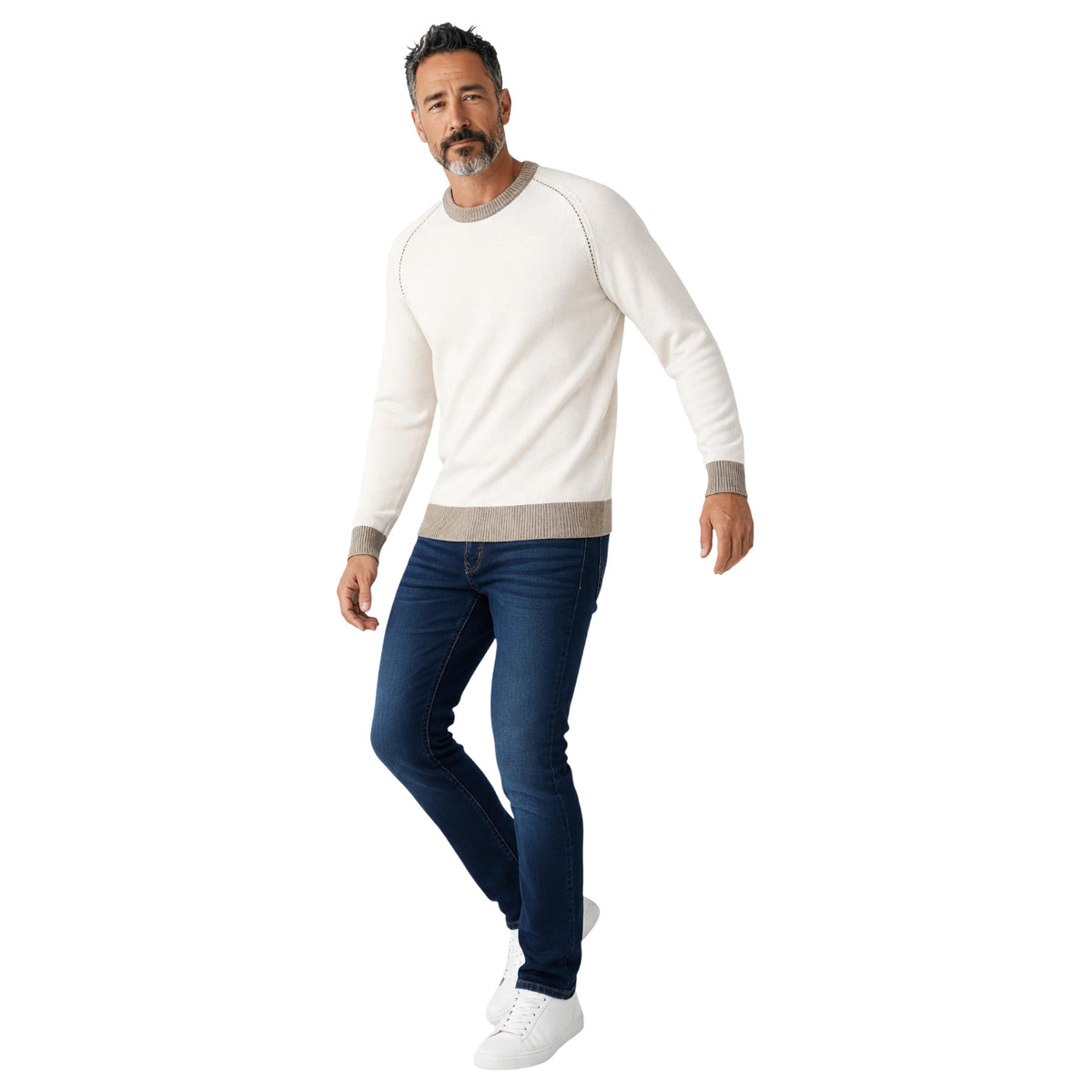 Ketroy Men’s Italian Wool Contrast Crewneck Sweater – Ecru