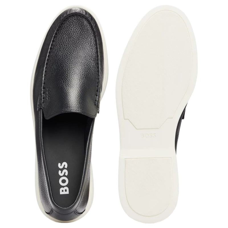 Boss Tumbled Black Leather Loafers With White Sole  50517371-001