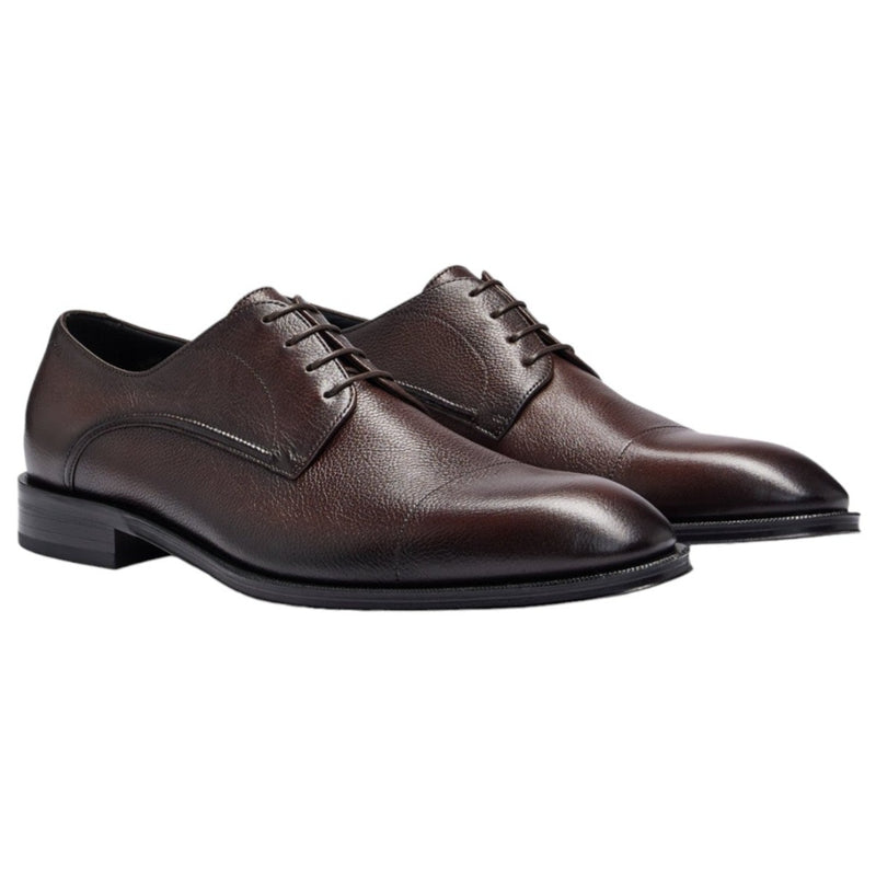 BOSS Dark Brown Grained Leather Derby Shoes with Cap Toe  50500338-203