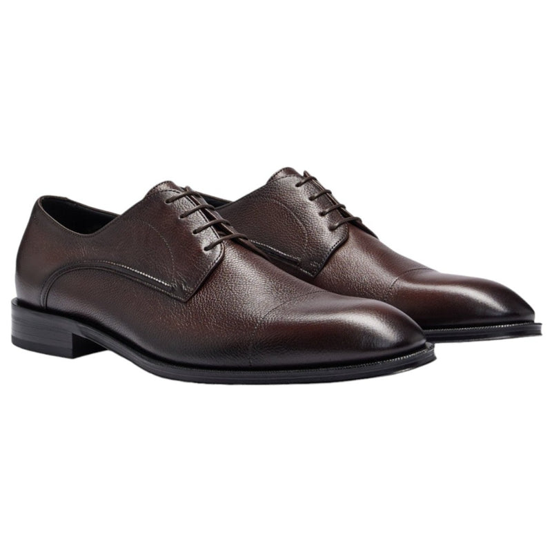 BOSS Dark Brown Grained Leather Derby Shoes with Cap Toe 50500338-203 8.5