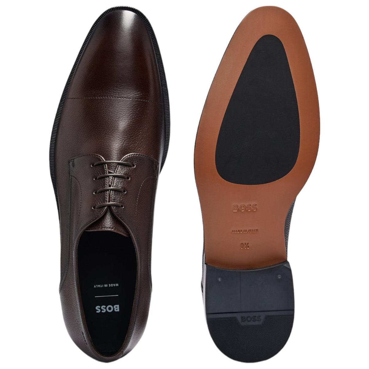 BOSS Dark Brown Grained Leather Derby Shoes with Cap Toe  50500338-203
