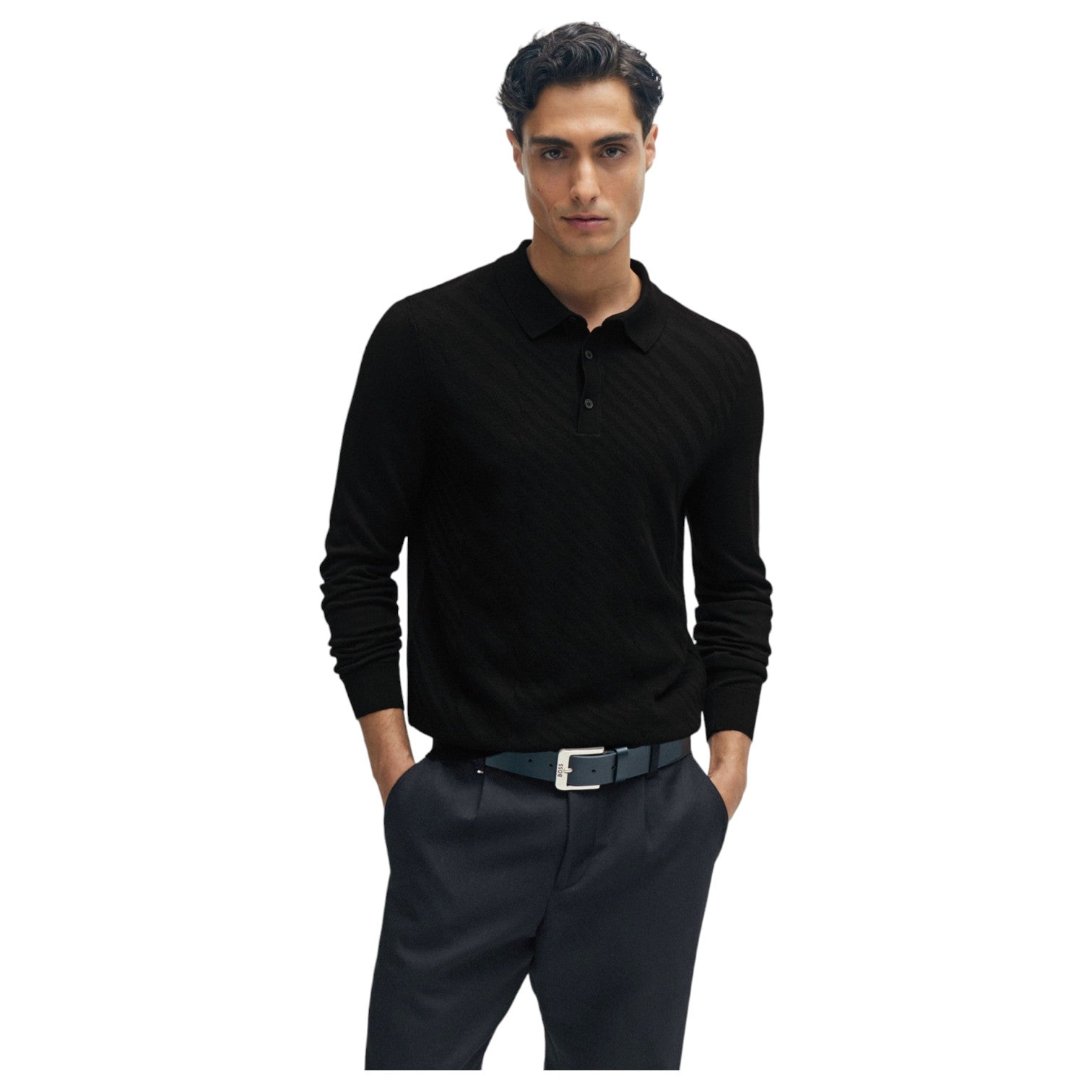 Wool-Blend Polo Shirt With Graphic Jacquard Structure In Black