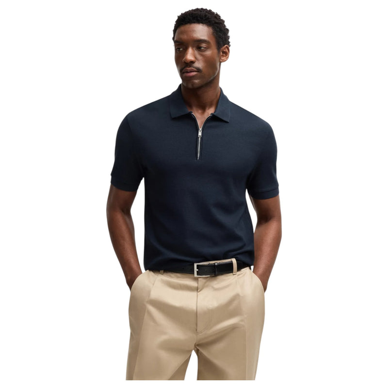 BOSS Zip-Neck Knit Polo Shirt With Waffle Structure  50536768