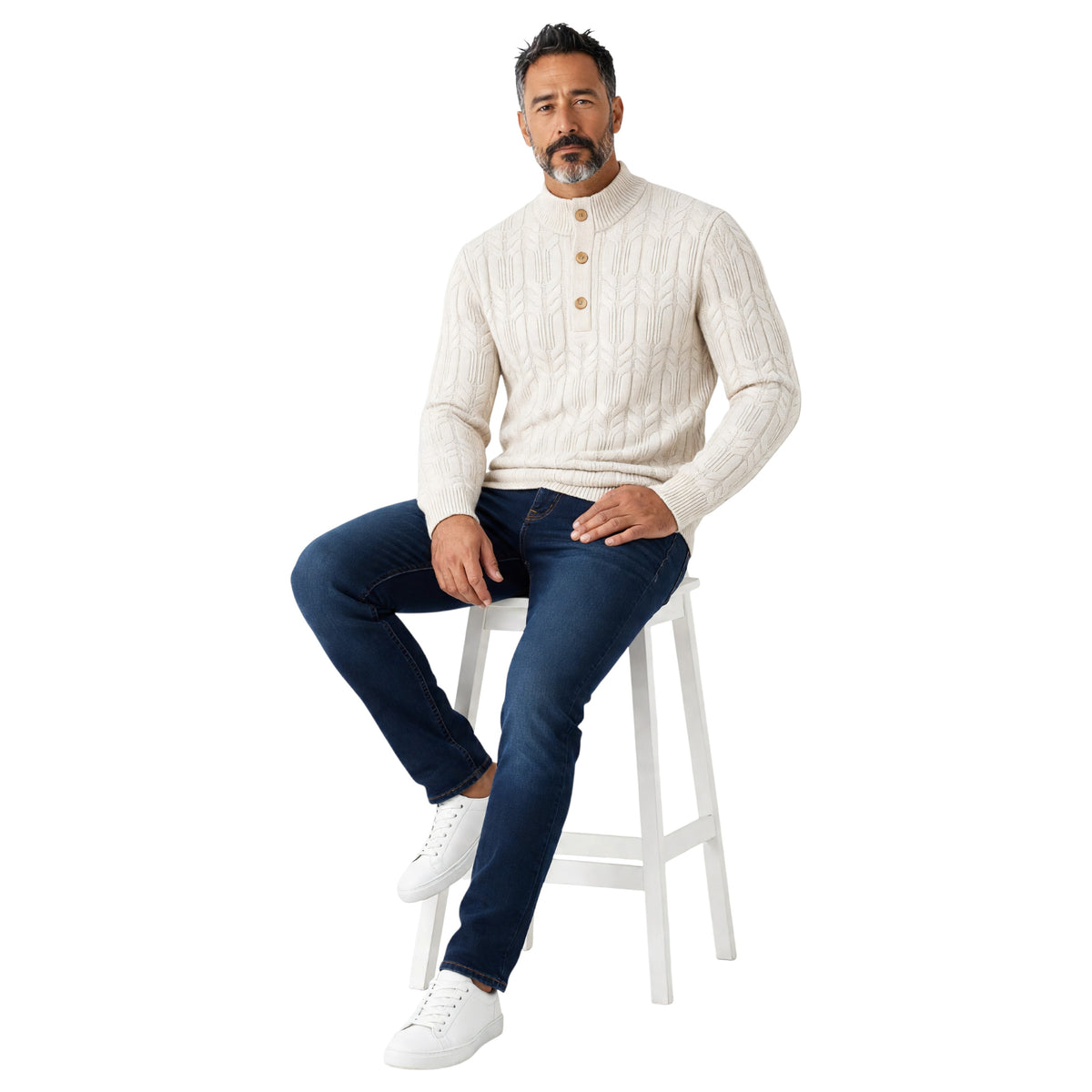 Raffi 100% Cashmere Cable-Knit Button Mock Neck Sweater Ivory