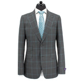Bartorelli Italian-Made 100% Wool Two-Piece Suit with Peak Lapels in Gray and Teal Windowpane Pattern