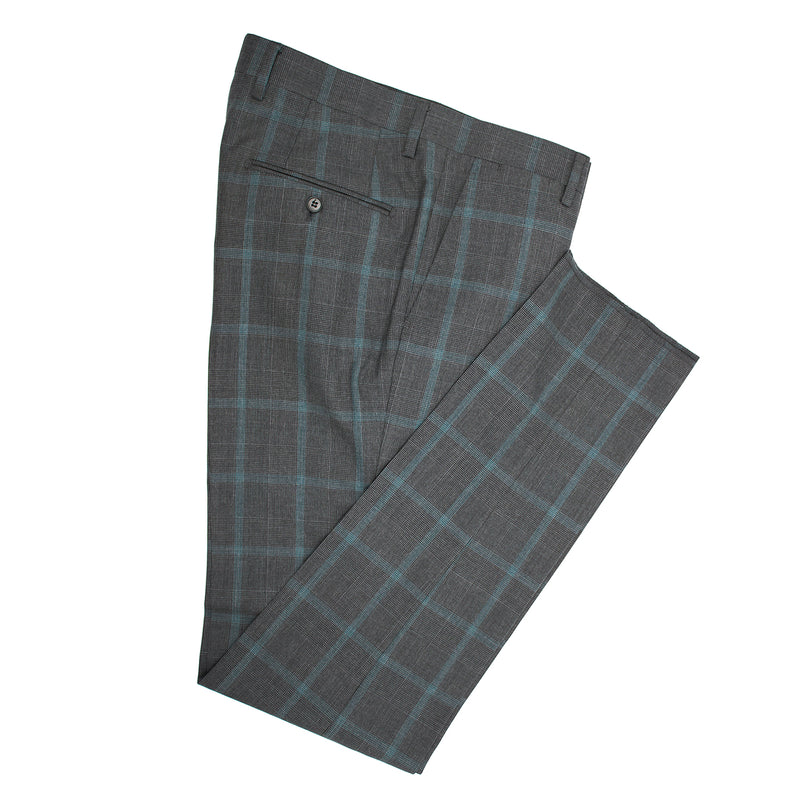 Bartorelli Italian-Made 100% Wool Two-Piece Suit with Peak Lapels in Gray and Teal Windowpane Pattern