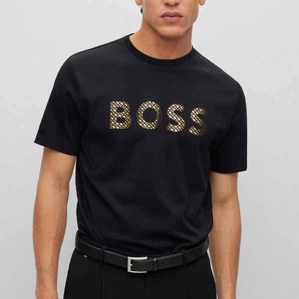 BOSS Men's Gold Monogram-Filled Logo T-Shirt in Interlock Cotton in Black  50481590-001