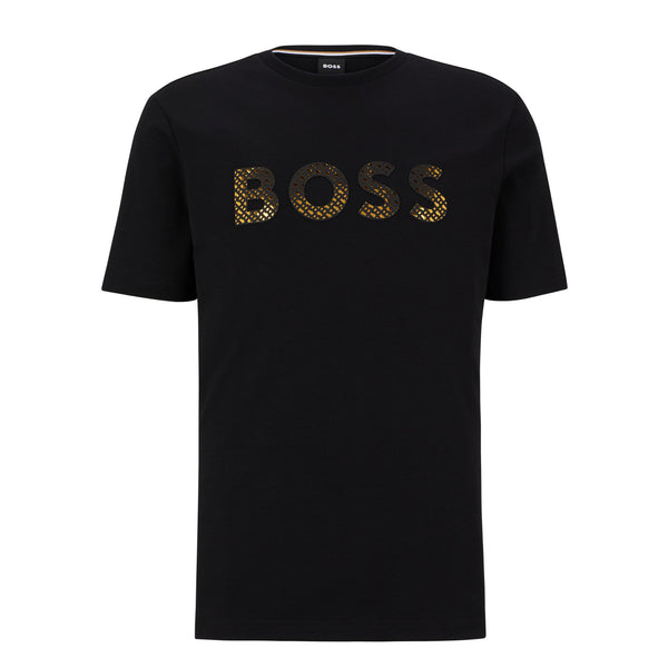 BOSS Men's Gold Monogram-Filled Logo T-Shirt in Interlock Cotton in Black  50481590-001