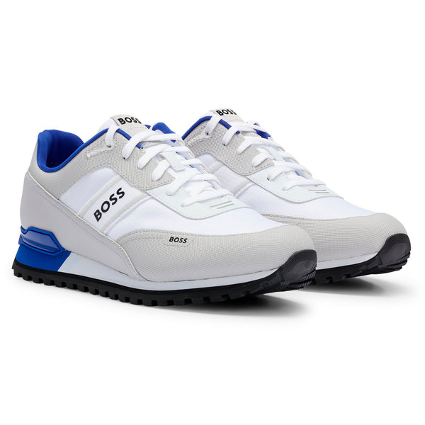 BOSS Men's Mixed-Material Trainers with Logo Details in White & Blue