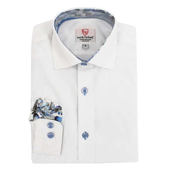 Boys' Slim-Fit Long Sleeve Contrast Collar Dress Shirt in White/Light Blue