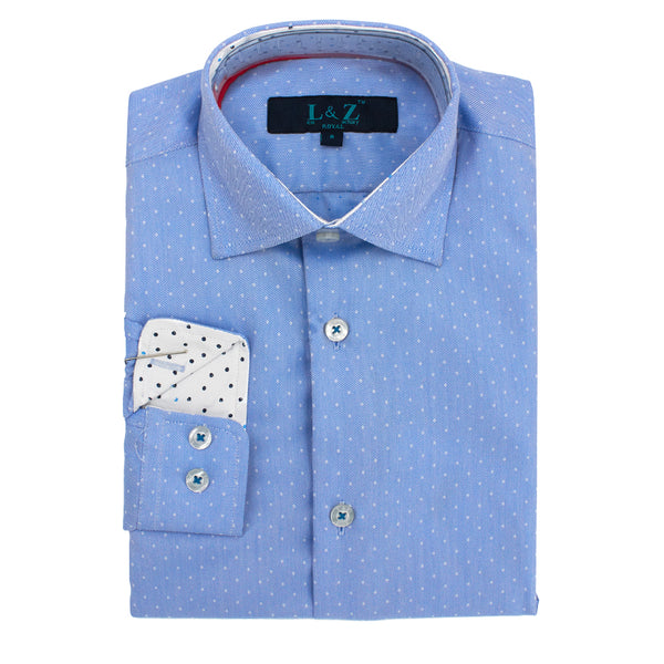 Boys' Slim-Fit Long Sleeve Contrast Collar Dress Shirt in Azul Dot