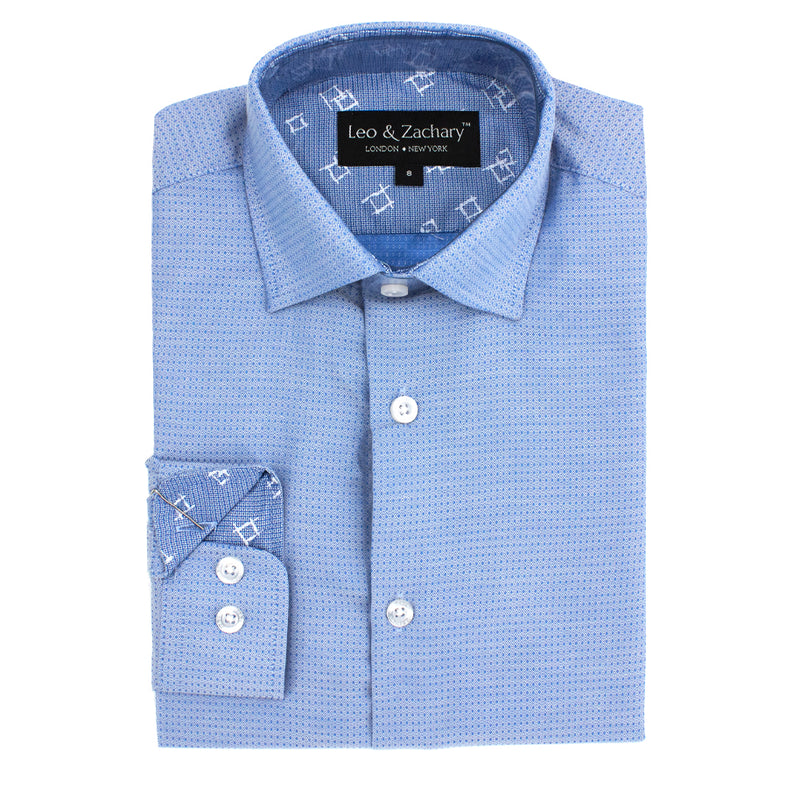 Boys' Slim-Fit Long Sleeve Contrast Collar Dress Shirt in Blue Diamond Dot